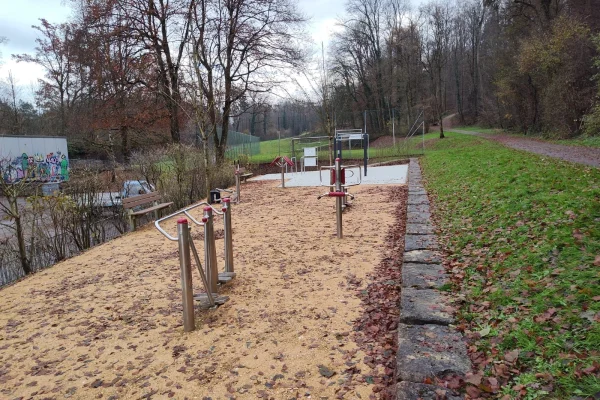 exercise-park-bottmingen-overall-view View of a playfit device in the exercise park, Bottmingen.