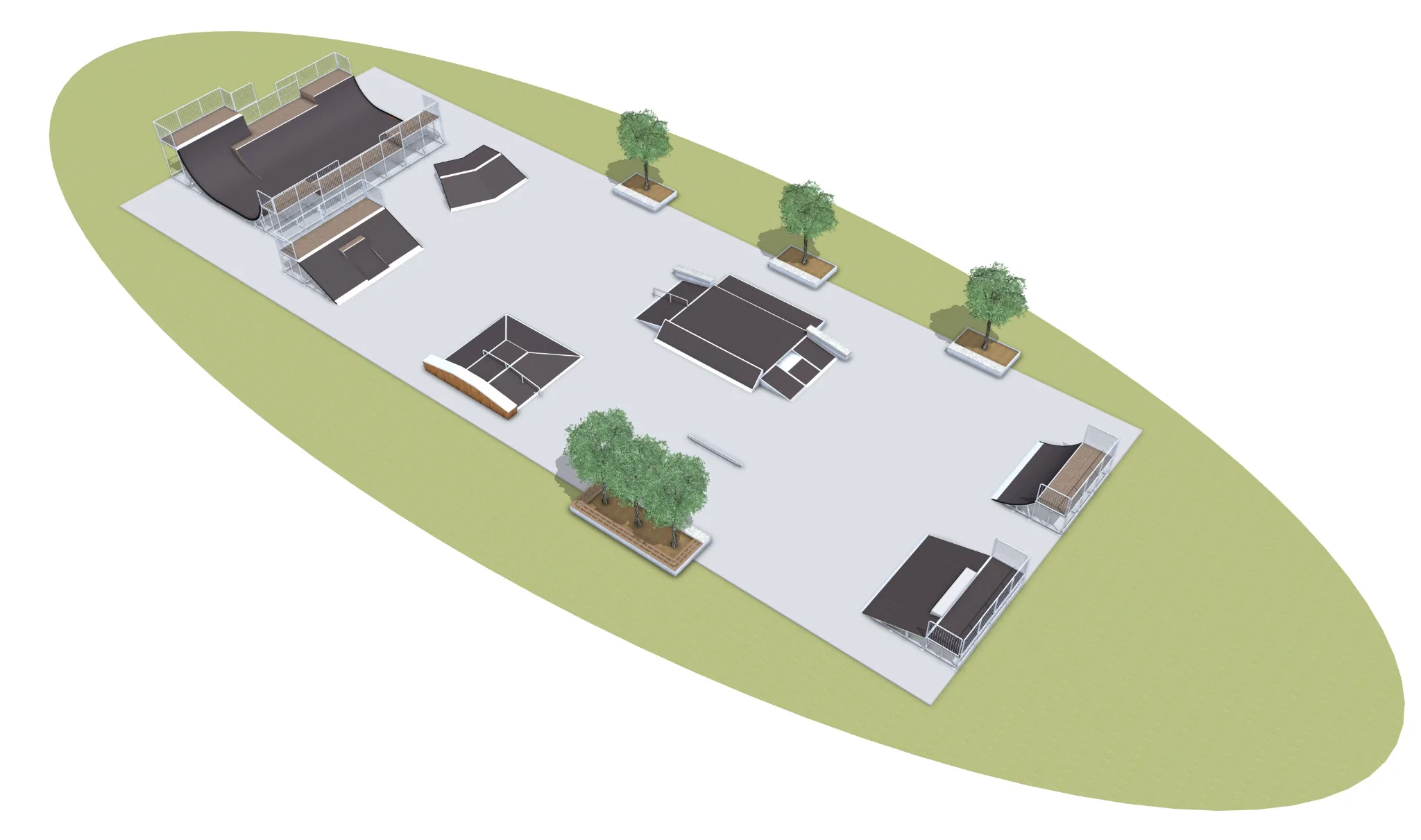 Beispiel eines Skateparkentwurfs in CAD-Ansicht.